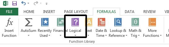 Excel 2013 Foundation Page 134 Click on the cell J8. Click on the Logical icon within the Function Library group of the Formulas tab.