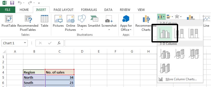 Excel 2013 Foundation Page 138 You will see a drop down displaying a range of column chart options.