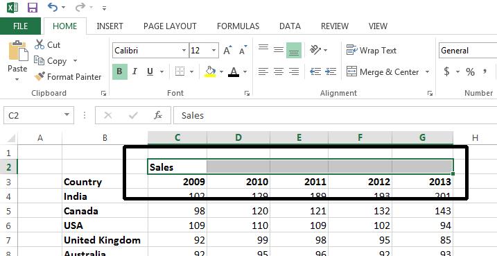 Excel 2013 Foundation Page 85 We want to centre this within the range C2:G2.