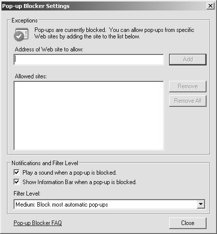 5. Click the button located at the bottom of the dialog box. The Pop-up Blocker Settings dialog box is displayed. 6.