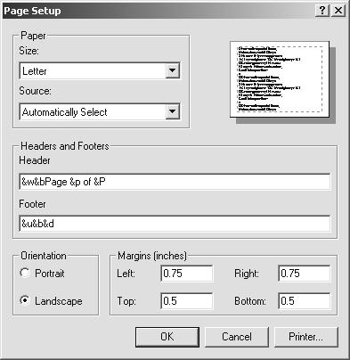 To change to a landscape orientation of the paper, click on the Page Setup tool. Many of the pages need to be printed in a landscape orientation in order to see all the data. 3.