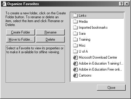 Organize Favorites 1. If you set a lot of favorites, you can use the menu option of Favorites, Organize Favorites to create folders and to organize, move, or delete your favorites.
