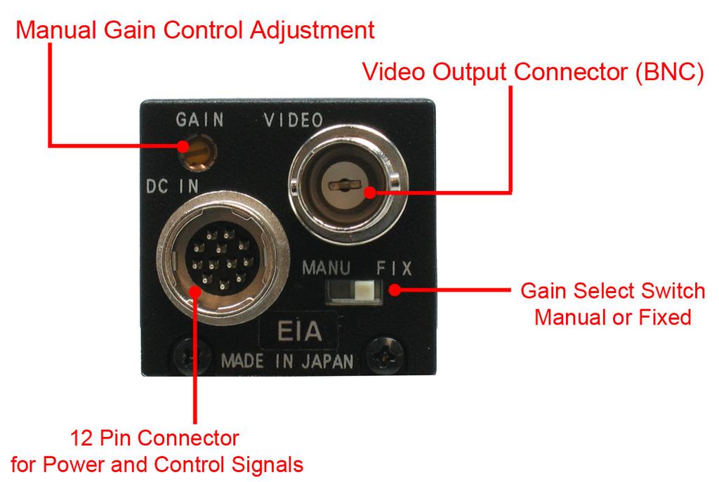 5.1) Camera Board Layout 5.2) Rear Panel - 12-Pin Connector for Power and Control Signals Connector for power, external sync signals, and video output.
