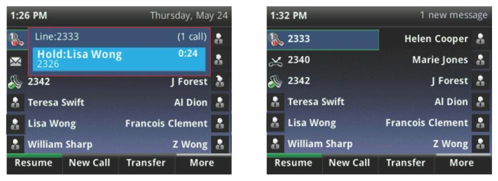 Placing and receiving calls Holding Calls You can place any active call on hold. A held call displays in Calls and Lines view as follows: To hold a call: From Lines or Calls view, press Hold.