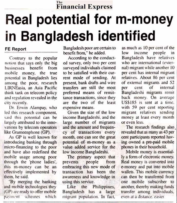 Headline: Real potential for m-money in Bangladesh identified Publication: Financial Express