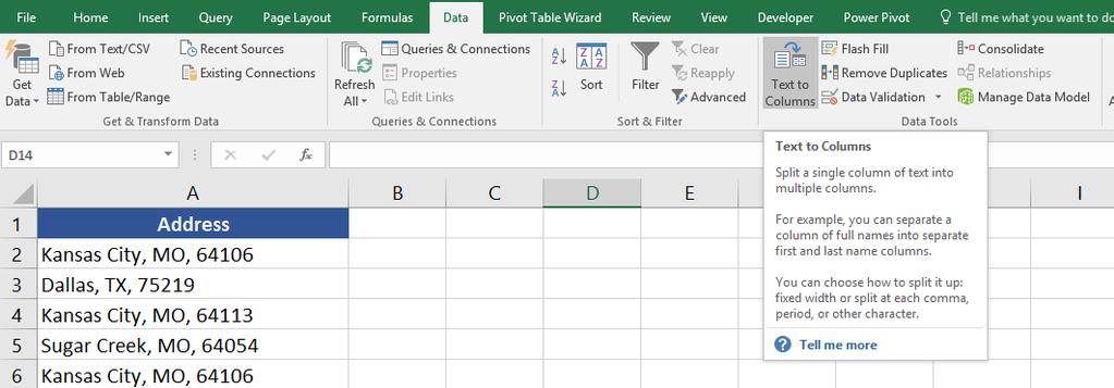 Next, find the Data Tools group on the Data tab and click on Text to Columns.