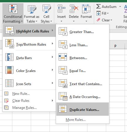 One of the more useful default conditional formatting settings is one that highlights duplicate values in a range.