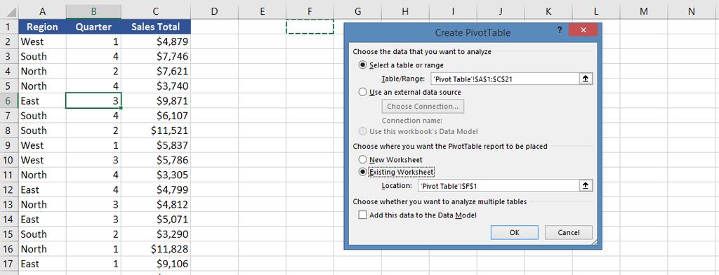 Select Existing Worksheet for the placement of the Pivot Table