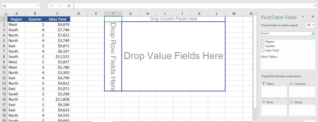 Notice the PivotTable Fields window on the right side of the worksheet.