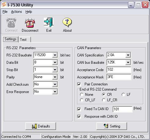 Note: If the I-7530A is in the Init mode or users choose the Settings tab, they can only communicate with each