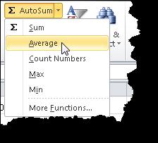 Click into cell B16, click the Home tab, then click the arrow to the right of the AutoSum button. This lists the most commonly used functions. 6.