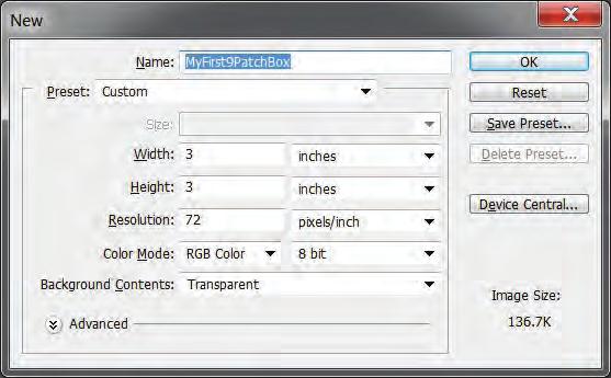 Chapter 4 The following screenshot shows the New file-creation dialog in Photoshop: We are planning to create a box with green