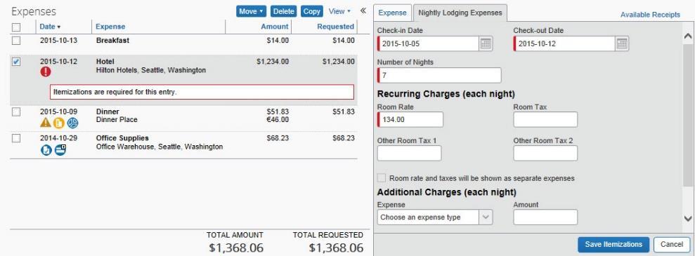 You can then itemize the remaining charges on your hotel bill, and adjust for any rate changes during your stay To create a lodging expense: 1. On the Expense tab, select the lodging expense type.
