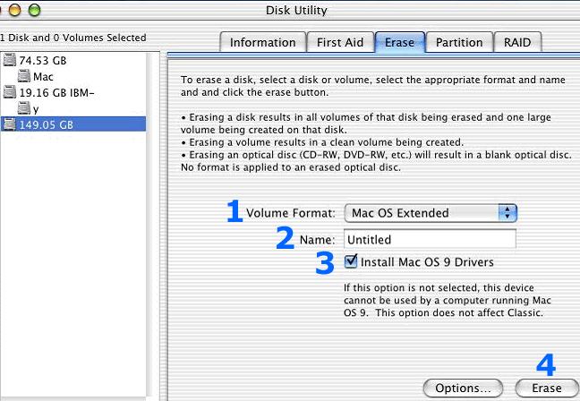 (See Below) Change the volume format from the current selection to Mac OS Extended(1). In the Name field(2), insert the desired drive name.