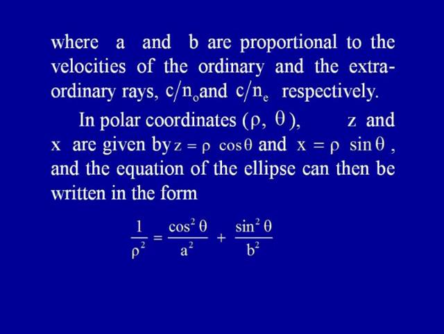 =0. Perpendicular to the optic axis means theta equal to Pi by 2. Let us consider the equation of an ellipse in the zx plane.