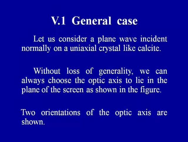Let us consider the general propagation in a doubly refracting crystal. Let us consider incident wave, incident normally on a uniaxial crystal like calcite.