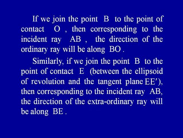 point B to the point of contact O then, corresponding to the incident ray AB the direction of the ordinary ray in the crystal will be along BO.