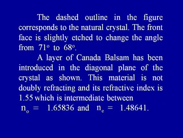The front face is slightly etched to change the angle from 71 degrees to 68 degrees a layer of Canada balsam has been introduced in the diagonal plane of the crystal as shown in the figure.