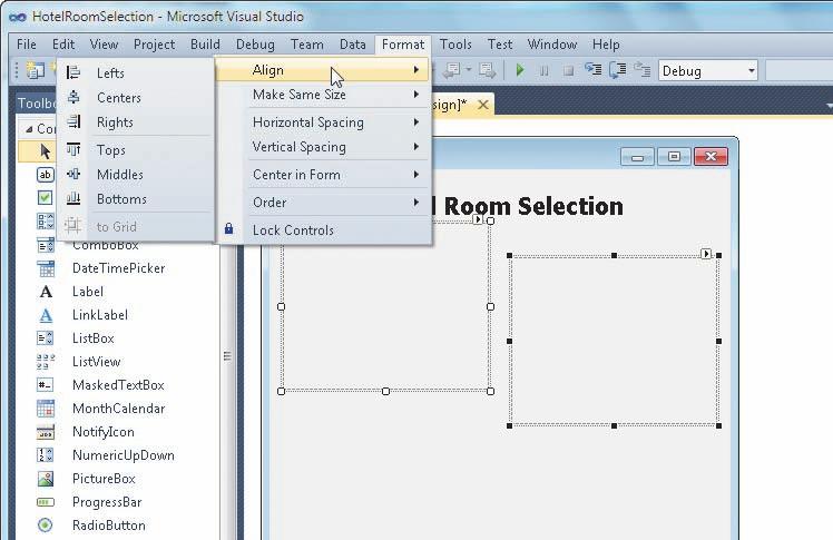 Using Visual Studio 2010 63 STEP 1 With the left and right PictureBox objects selected as shown in Figure 2-42, click Format on the menu bar and then point to Align on the Format menu.