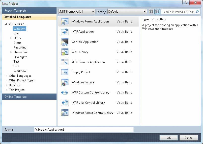 34 Chapter 2 Program and Graphical User Interface Design Create a New Visual Basic 2010 Windows Application Project A project is equivalent to a single program created using Visual Studio.