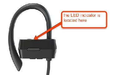 Q: Where is the indicator LED located? A: The indicator LED is located on top of the right earphone. Please check below picture to see exactly where it is.