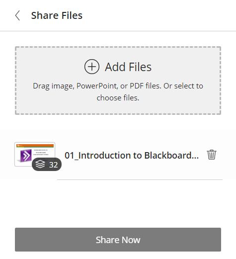 Step 2: Click the Share Content icon at the bottom of the panel that appears. Step 3: Select Share Files. 3 2 Step 4: Upload files by dragging-and-dropping them on the Add Files Here box.