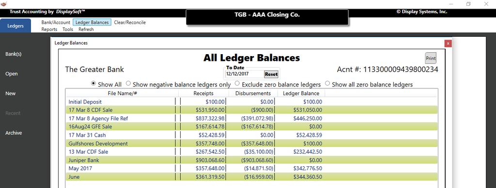 Preview Ledger Balances Click Ledger Balances from the top menu to preview all client ledger balances. This preview does not provide a grand total of all ledgers when printed from this location.