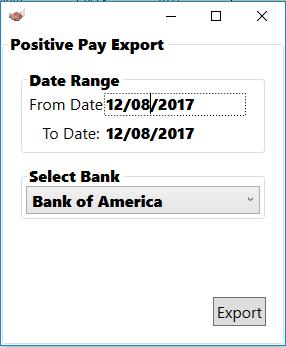Inside the ledger, under Ledger Features, click Export for the Positive Pay Export prompt. Choose a date range.
