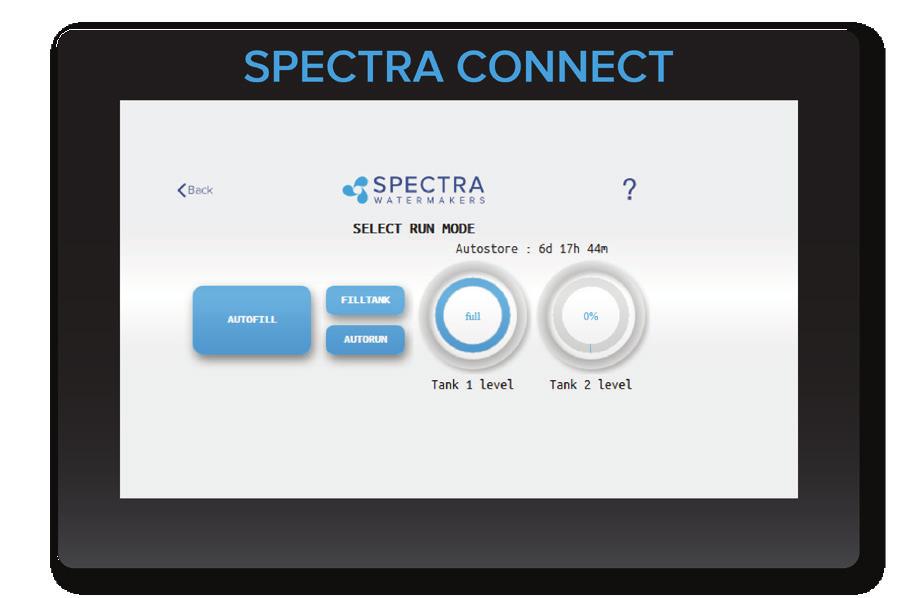 SPECTRA CONNECT CONTROLLER - AVAILABLE OCT 2017 PRODUCT FEATURES Control, monitor, and operate your watermaker remotely from your phone, tablet, computer or from the local touchscreen Access your