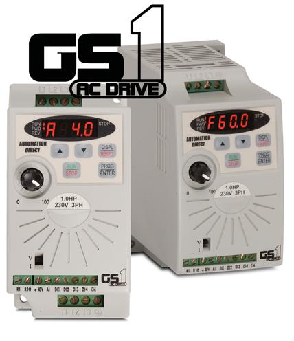 GS1 AC minidrive ¼ and ½ hp, 115 VAC single phase ¼, ½ and 1 hp, 115/230 VAC single phase/3-phase 2 hp, 230 VAC 3-phase Features: Simple Volts/Hertz control Pulse Width Modulation(PWM) 3-10 khz