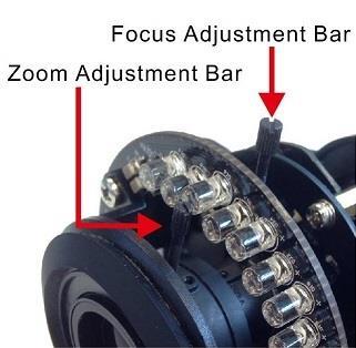 Zoom and Focus Adjustment (Vari-focal Lens Models) For vari-focal lens models, zoom and focus can be adjusted by the adjustment bars on the camera lens inside the dome cover.