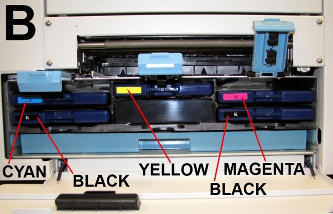 5. Insert new Ink Tanks (labels up) into appropriate color slots [B]. Close three Ink Tank Latches. Step 7 Install Printhead Cartridge Printhead Cartridge is a delicate precision device.
