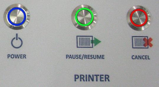 Press to Stop Paper Feed Immediately. Printer will clear media in Printer and stop. Press to Resume Printing.