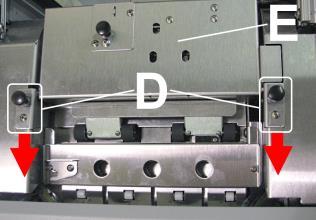 Open Feed Roller Assembly [E]. Note that two Sheet Separators [F] have a tab [G] located below. Depress 1 or 2 Separators, and push down tabs to lock Separators in place.