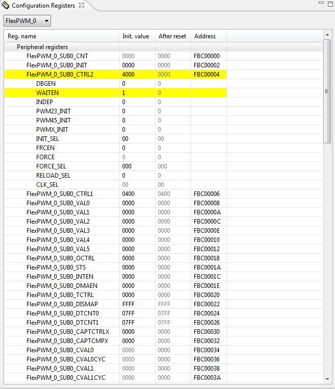 Configuration Registers View The last register value modified is highlighted. You may be able to modify the register value from this window.