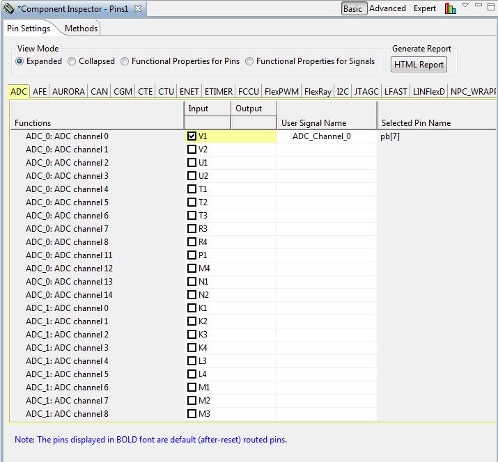 PinSettings Component Expanded View The selected or configured pin name can be viewed in the last column i.e., Selected Pin Name column.