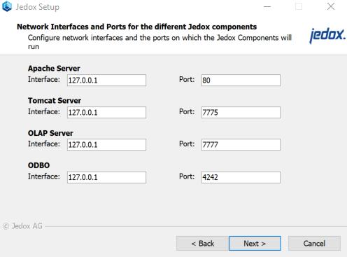 Step 10 Setting interfaces and ports: It is also possible to leave the interface fields for Apache server and for Jedox In-Memory DB Server empty (but not the port fields!).