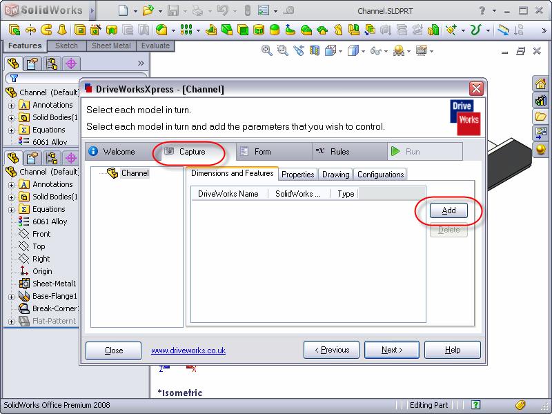 Capturing SolidWorks Data DriveWorksXpress will open the selected model in SolidWorks and then present you with Dimensions and Features sub-tab of the Capture tab.