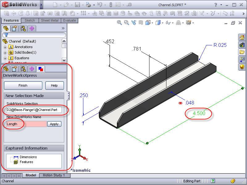 DriveWorksXpress shows the captured SolidWorks dimension in the Captured Information area and the corresponding name.