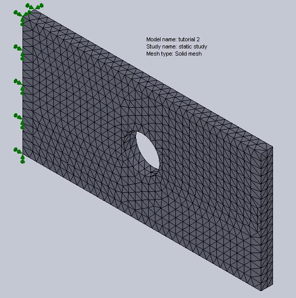 o Click OK to close the menu and generate the mesh. Figure 7: A completed mesh. Mesh Control in SolidWorks may be used to refine the mesh locally.