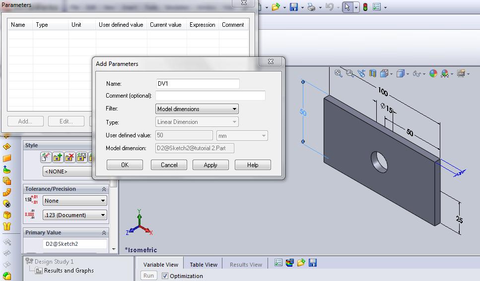 Figure 11: Defining Design Variables. 7. In the Add Parameters dialog box, type DV1 for Name. 8. Set Filter to Model dimensions. 9. In the graphics area, click the D11 dimension shown in the figure.