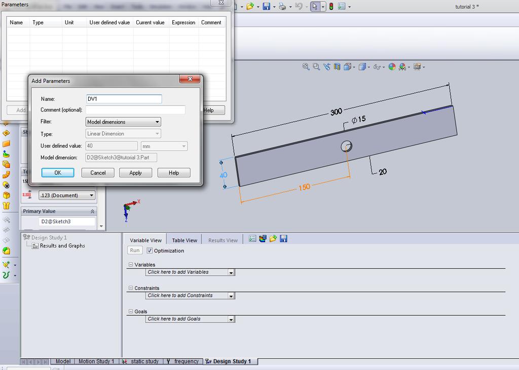 Figure 11: Defining Design Variables. 7. In the Add Parameters dialog box, type DV1 for Name. 8. Set Filter to Model dimensions. 9. In the graphics area, click the D11 dimension shown in the figure.