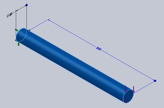 A cylindrical rod made up of alloy steel has one of its ends fixed to the wall. The rod has a diameter d = 20 mm. The length of the rod is l = 200 mm.