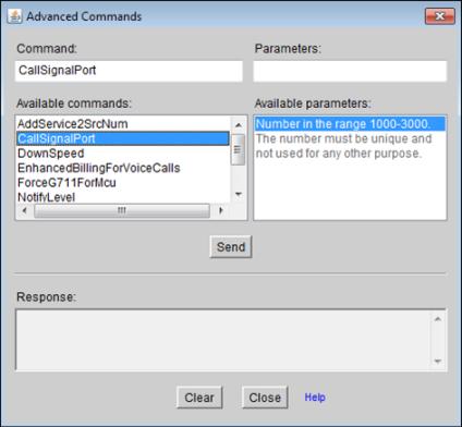 Implementing Port Security for the Scopia Gateway Figure 31: Gateway Advanced Commands 4. Select CallSignalPort from the Available Commands list. 5. Enter the port value in the Parameters field.