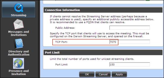 Limiting Port Ranges on the Scopia Desktop server Limiting Port Ranges on the Desktop server on page 41 Configuring the TCP Streaming Port on the Desktop server About this task The Streaming Server
