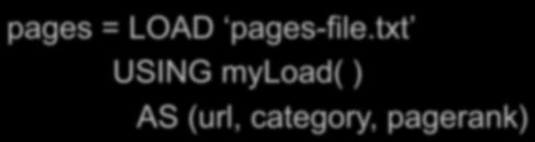 LOAD command parses an input file pages = LOAD pages-file.txt USING myload( ) AS (url, category, pagerank) Parser provided by user In HW6: myudfs.jar, function RDFSplit3 Example.