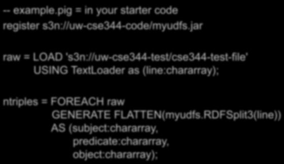 jar raw = LOAD 's3n://uw-cse344-test/cse344-test-file' USING TextLoader as (line:chararray); Note: you cannot write