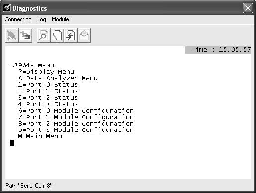 Diagnostics and Troubleshooting S3964R ProLinx Gateway Opening the Data Analyzer Menu Press [A] to open the Data Analyzer Menu. Use this command to view all bytes of data transferred on each port.