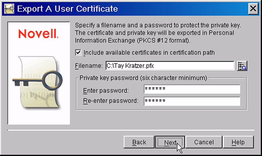 5. In the next screen (shown in Figure 3), do the following: Figure 3: The Export A User Certificate dialog. Make sure the checkbox for Include available certificates in certification path is checked.