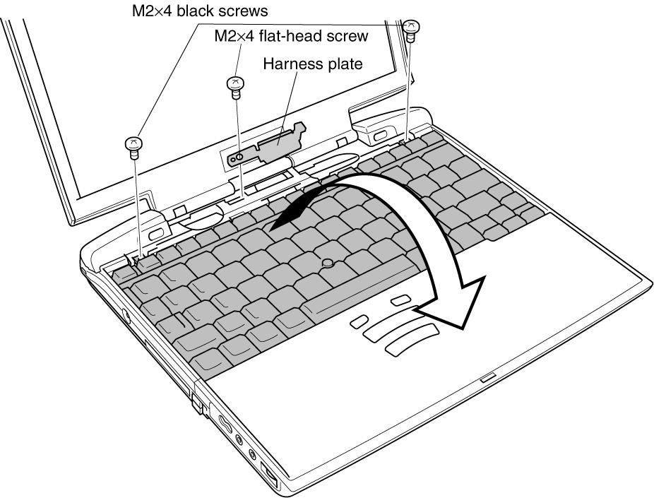 4 Replacement Procedures 4.6 Keyboard 3. Remove two M2 4 black screws and one M2 4 flat-head screw. 4. Remove the harness plate and move the keyboard in the arrow direction till the keyboard connector is exposed.